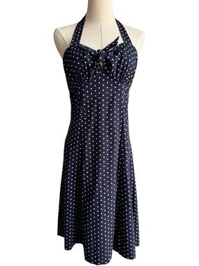 Retro Navy Pinup Halter Dress Sz Small Polka Dot Rockabilly Sundress Fit & Flare